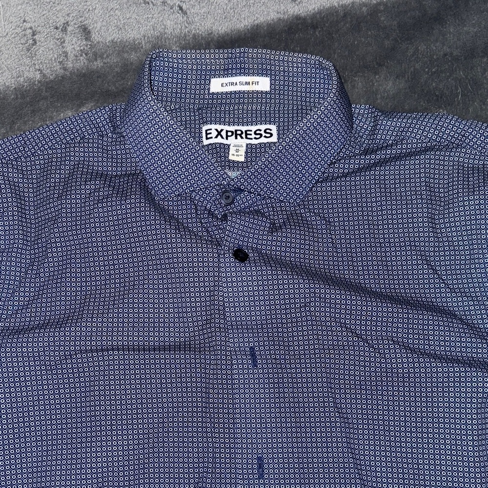 Express Men's Navy Patterned Button Down Shirt - image 1